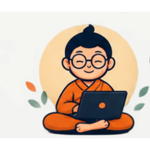 Geeky Monks mascot: a smiling monk wearing round glasses and orange robes, seated with a laptop